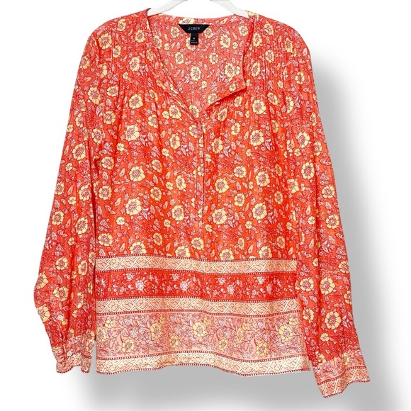 J. Crew 100% Cotton Floral Popover Blouse 12 top orange relaxed fit long sleeve - Picture 1 of 9